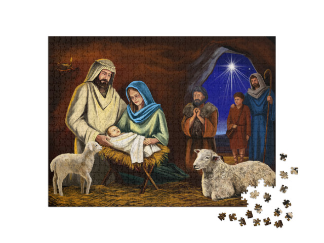 Christmas Story. Christmas Night, Mary, Joseph & the Baby... Jigsaw Puzzle with 1000 pieces