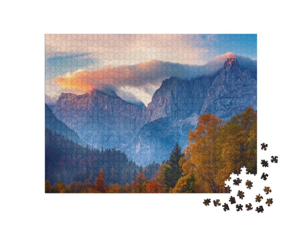 Triglav Mountain Peak At Sunrise with Beautiful Clouds in... Jigsaw Puzzle with 1000 pieces