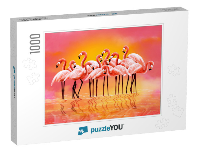 Panorama of Pink Flamingos on a Bright Pink Background &... Jigsaw Puzzle with 1000 pieces