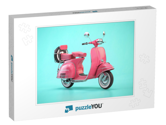 Pink Vintage Scooter, Motor Bike or Moped on Blue Backgro... Jigsaw Puzzle