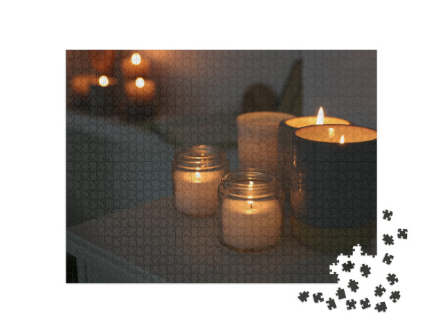 Burning Wax Candles on White Table in Room, Space for Tex... Jigsaw Puzzle with 1000 pieces