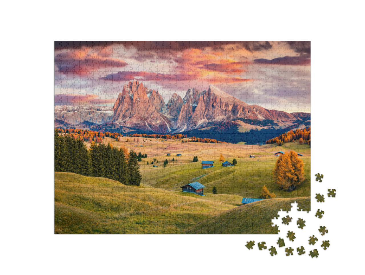 Unbelievable Sunrise on Alpe Di Siusi Mountain Plateau wi... Jigsaw Puzzle with 1000 pieces