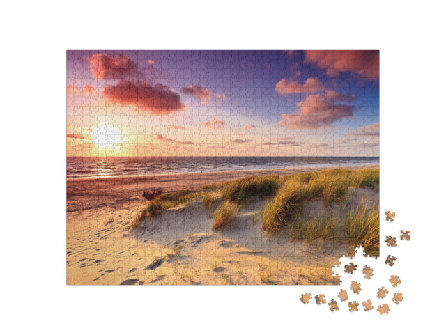 Seaside with Sand Dunes & Colorful Sky At Sunset... Jigsaw Puzzle with 1000 pieces