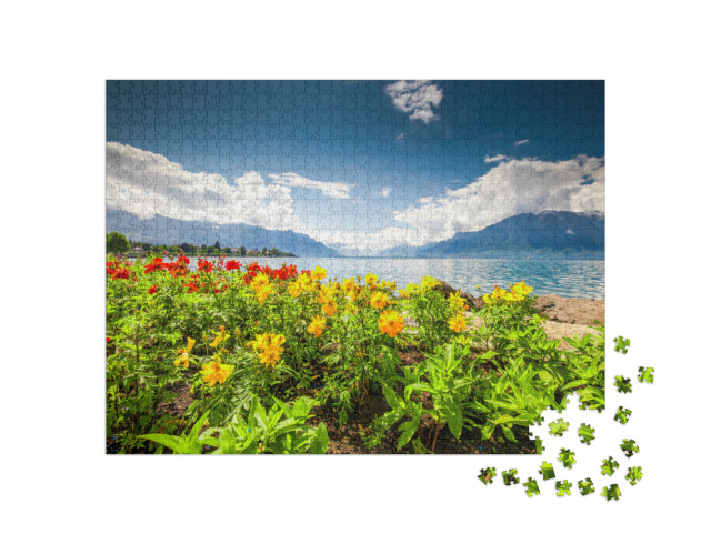 Montreux City with Swiss Alps, Lake Geneva & Vineyard on... Jigsaw Puzzle with 1000 pieces