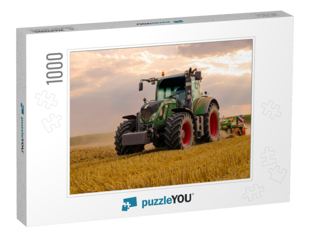 Green Tractor Plowing Cereal Field with Sky with Clouds... Jigsaw Puzzle with 1000 pieces