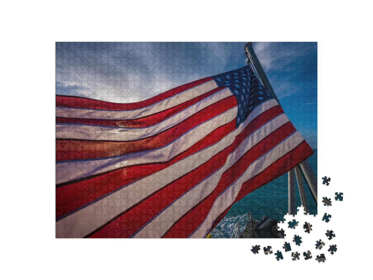 American Flag Backlit with Early Morning Sun on Boat in F... Jigsaw Puzzle with 1000 pieces