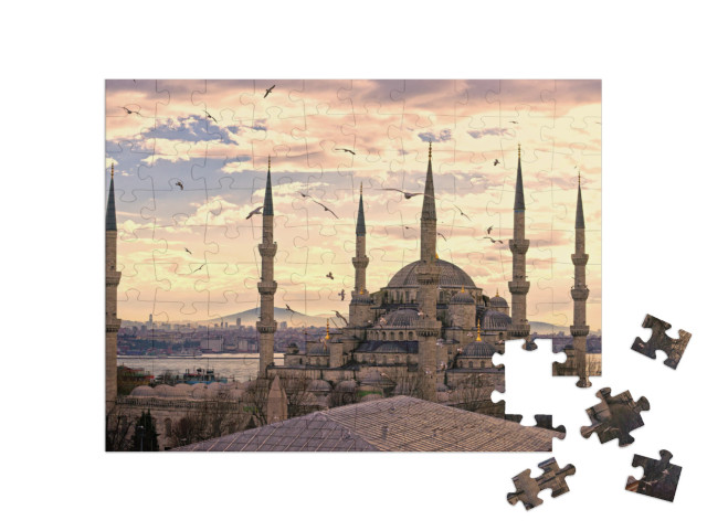 Sunset Over the Blue Mosque, Sultanahmet Camii, Istanbul... Jigsaw Puzzle with 100 pieces