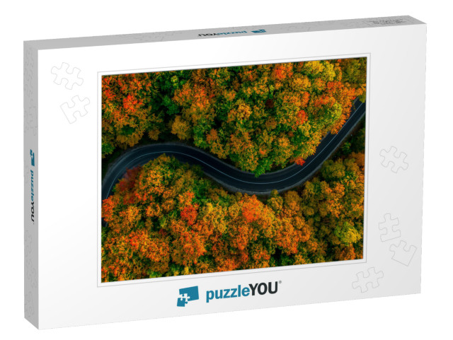 Aerial View of Thick Forest in Autumn with Road Cutting T... Jigsaw Puzzle