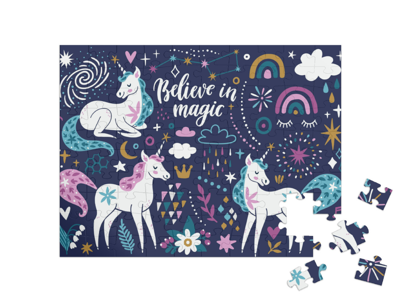 Vector Set of Magical Icons Unicorns, Rainbow, Clouds, Fl... Jigsaw Puzzle with 100 pieces