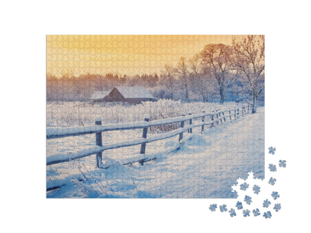 Rural House with a Fence in Winter. Village After Snowfal... Jigsaw Puzzle with 1000 pieces