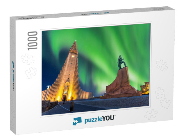 Aurora Borealis Above Hallgrimskirkja Church in Central o... Jigsaw Puzzle with 1000 pieces