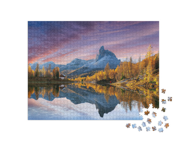 Autumn View of Lake Federa in Dolomites At Sunset. Fantas... Jigsaw Puzzle with 1000 pieces