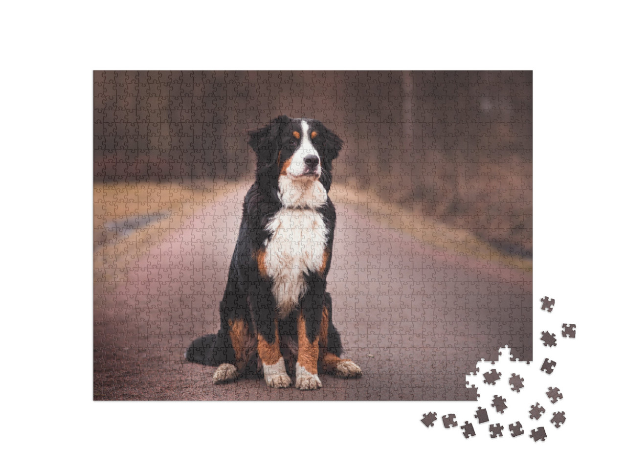 Bernese Mountain Dog Sitting on the Road... Jigsaw Puzzle with 1000 pieces