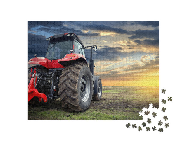 Tractor Working on the Farm At Sunset, a Modern Agricultu... Jigsaw Puzzle with 1000 pieces