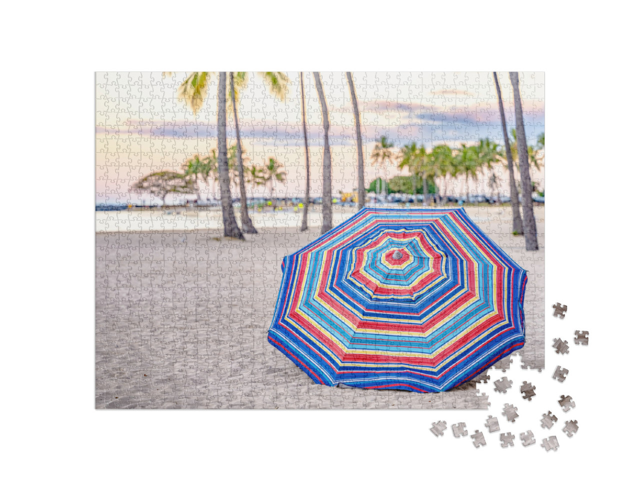 A Beautiful Striped Umbrella on the Beach At Sunset, in W... Jigsaw Puzzle with 1000 pieces