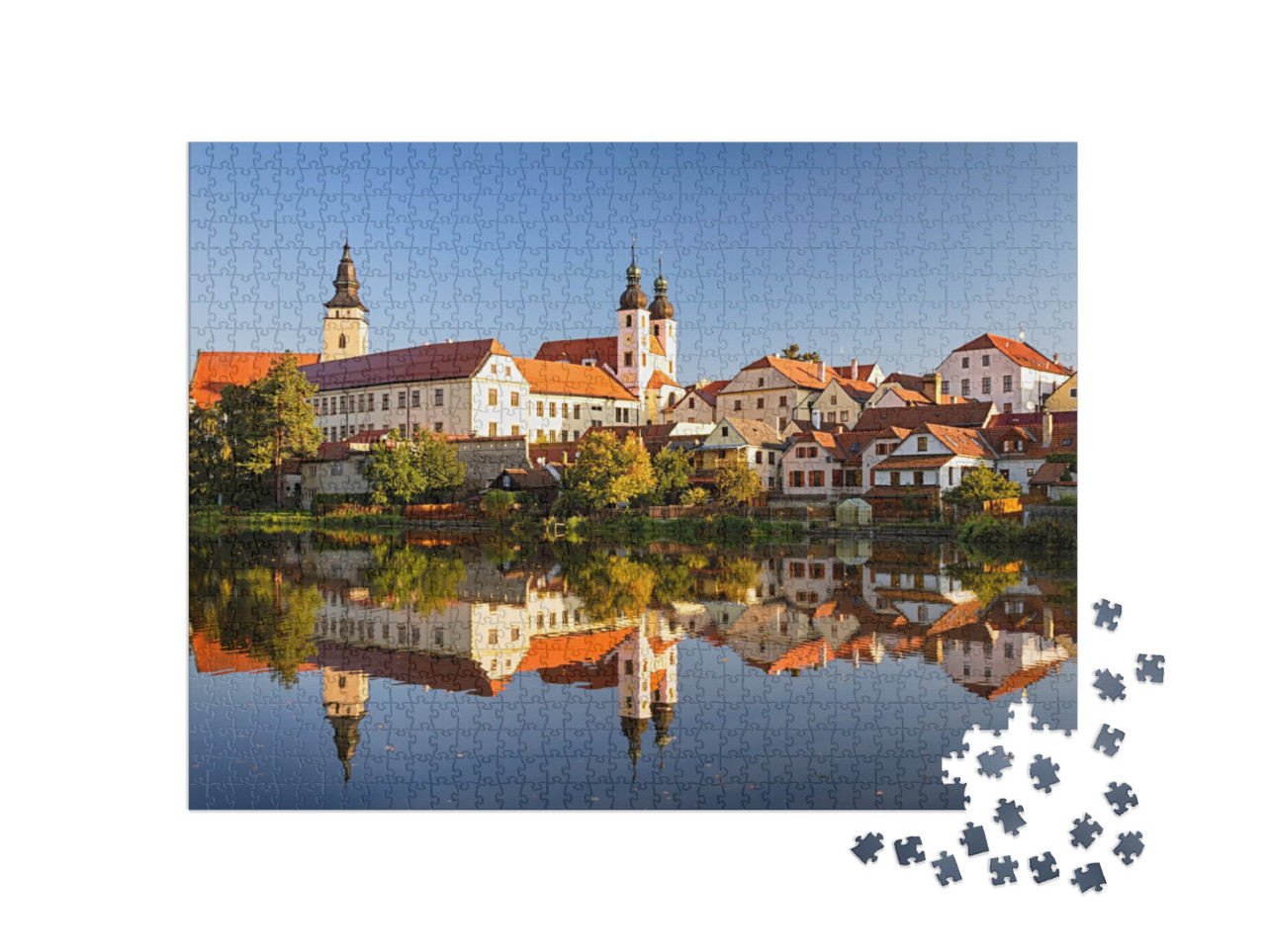 View of Telc Across Pond with Reflections, Southern Morav... Jigsaw Puzzle with 1000 pieces