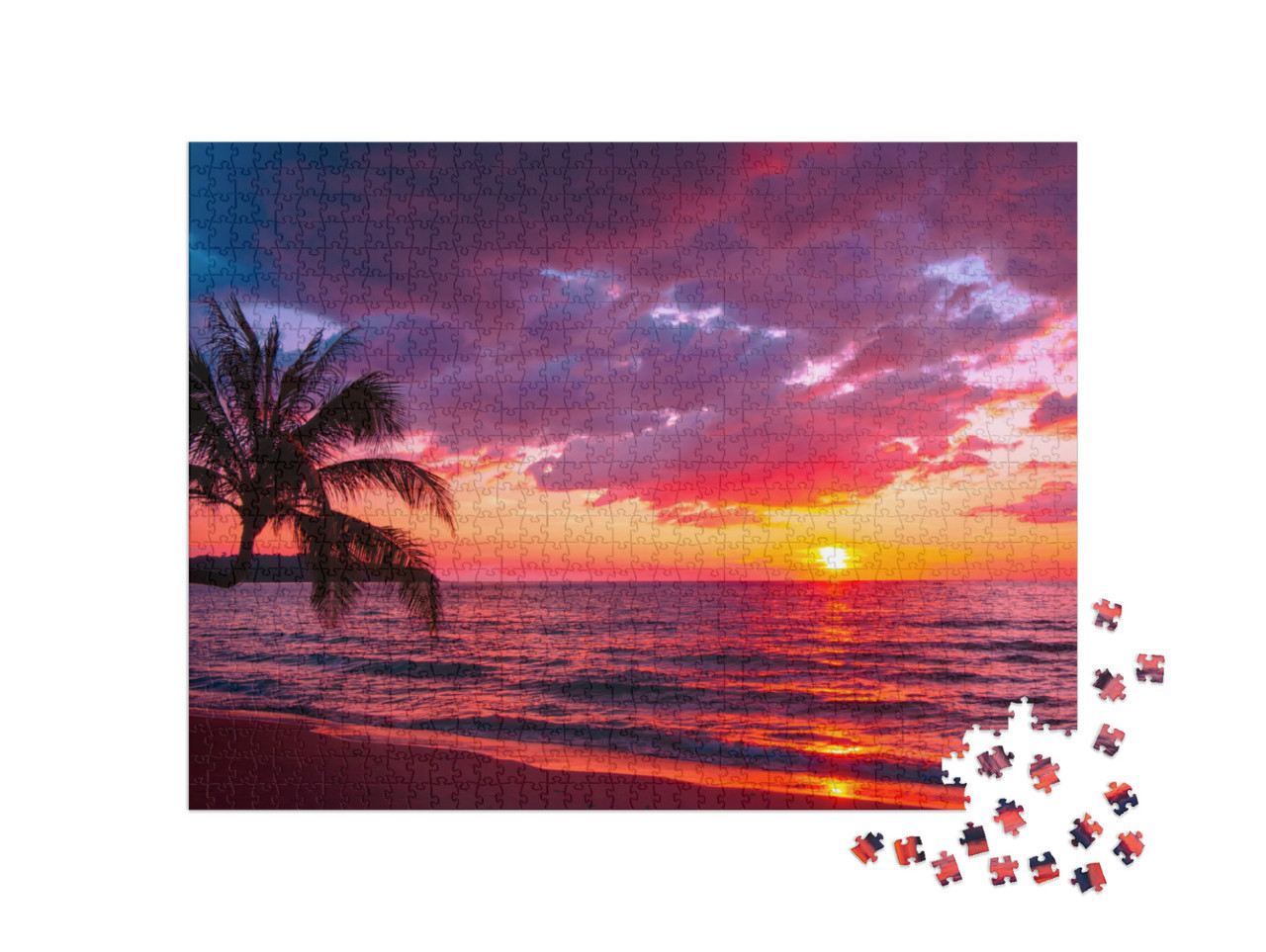 Beautiful Sunset Tropical Beach with Palm Tree & Pink Sky... Jigsaw Puzzle with 1000 pieces