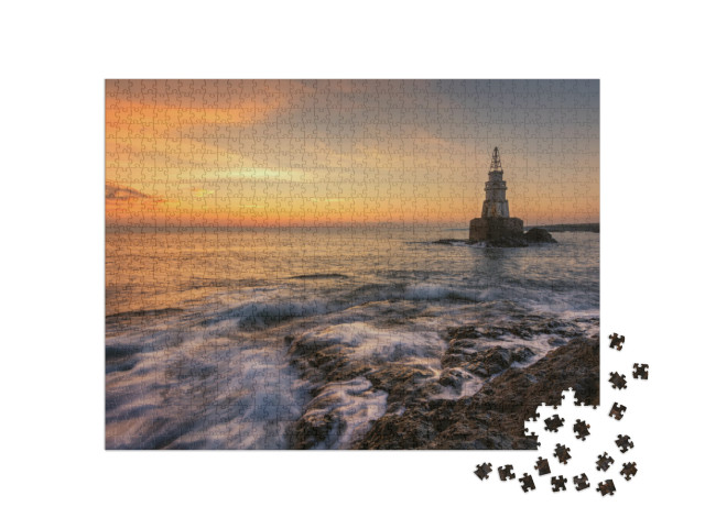 Misty Sunrise of the Lighthouse in Ahtopol, Bulgaria. Blu... Jigsaw Puzzle with 1000 pieces