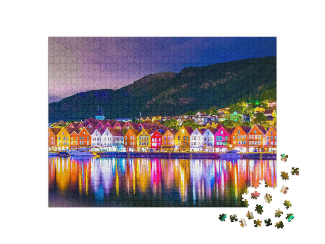 Night View of a Historical Wooden District Bryggen in the... Jigsaw Puzzle with 1000 pieces