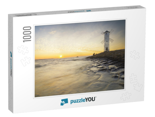 Lighthouse Windmill, Sunset Over the Sea Baltic Sea, Swin... Jigsaw Puzzle with 1000 pieces