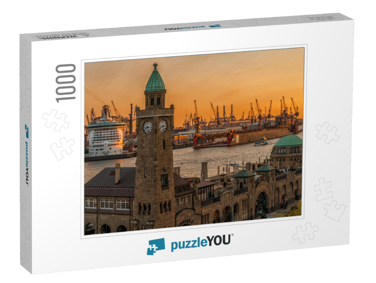 Sunset Over the Landungsbruecken & the Port in Hamburg... Jigsaw Puzzle with 1000 pieces