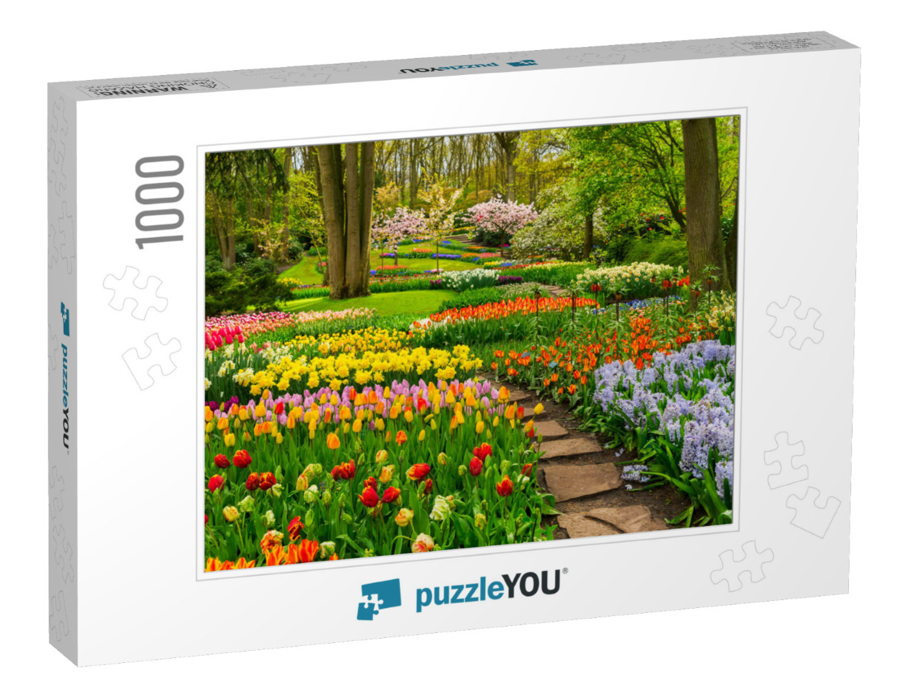 Colorful Tulips Flowerbeds & Stone Path in an Spring Form... Jigsaw Puzzle with 1000 pieces