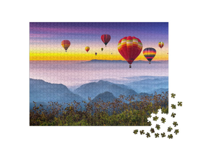 Colorful Hot Air Balloons Flying Above High Mountain At S... Jigsaw Puzzle with 1000 pieces