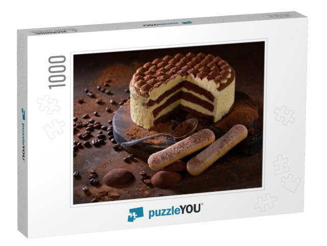 Tiramisu Cake on a Dark Slate, Stone or Metal Background... Jigsaw Puzzle with 1000 pieces