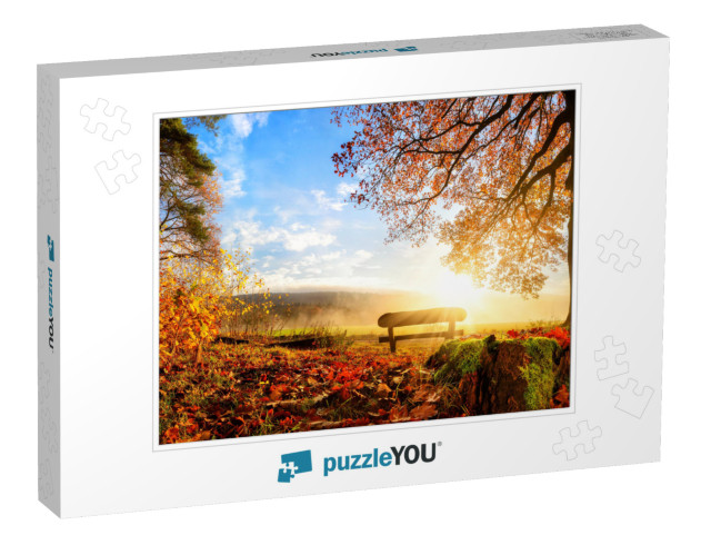 Autumn Landscape with the Sun Warmly Illumining a Bench U... Jigsaw Puzzle