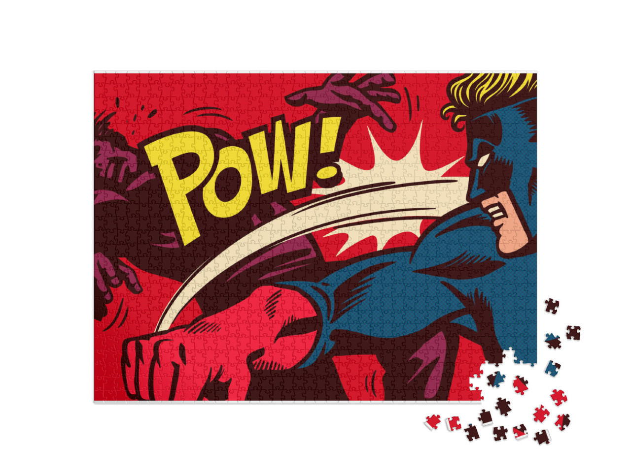 Pop Art Comic Book Style Panel with Superhero Fighting, T... Jigsaw Puzzle with 1000 pieces