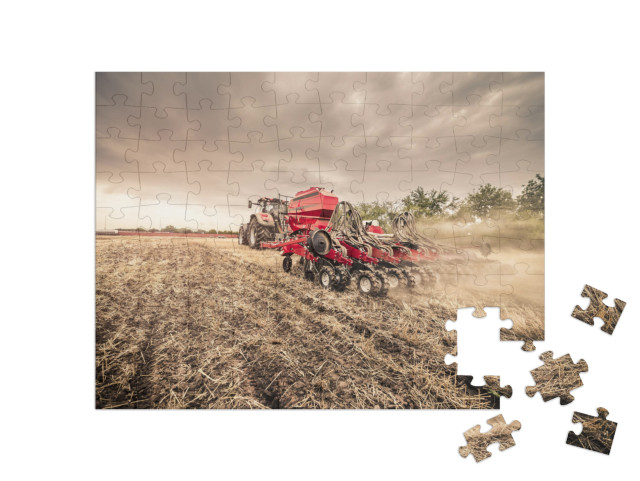 Modern Red Tractor with Red Implement Seeding Directly In... Jigsaw Puzzle with 100 pieces