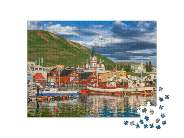 Beautiful View of the Historic Town of Husavik with Tradi... Jigsaw Puzzle with 1000 pieces