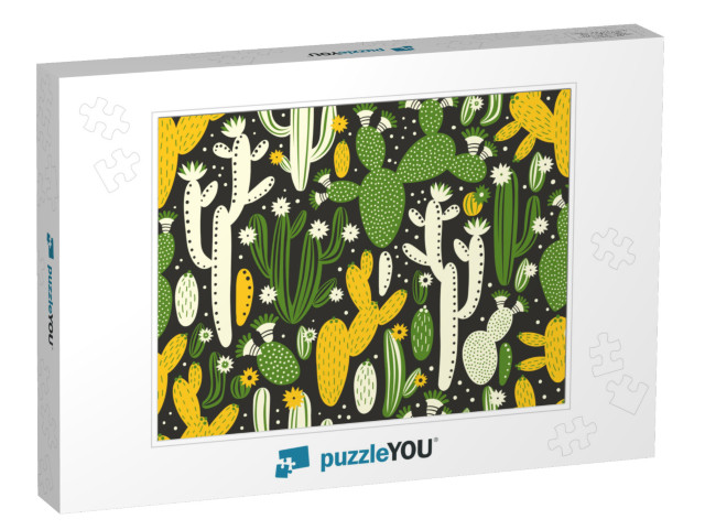 Vector Seamless Pattern with Cactus on Black Background... Jigsaw Puzzle