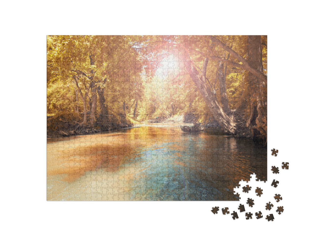 Flowing Stream with Colorful Yellow Orange Trees Forest... Jigsaw Puzzle with 1000 pieces