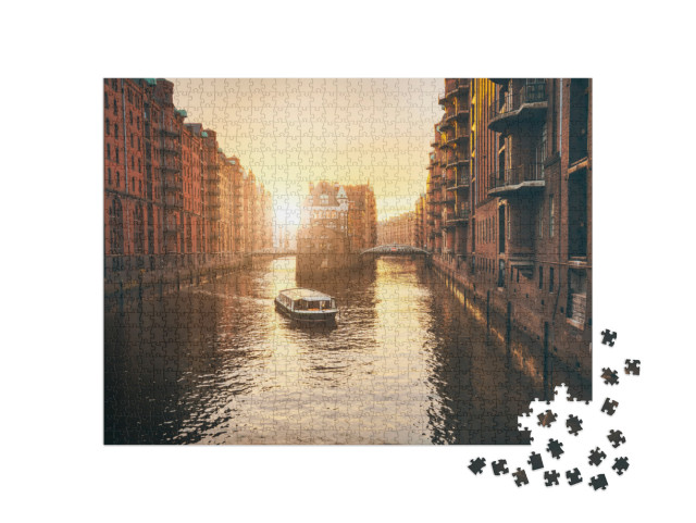 Hamburg Warehouse District in Golden Hour Sunset Lit. Wat... Jigsaw Puzzle with 1000 pieces