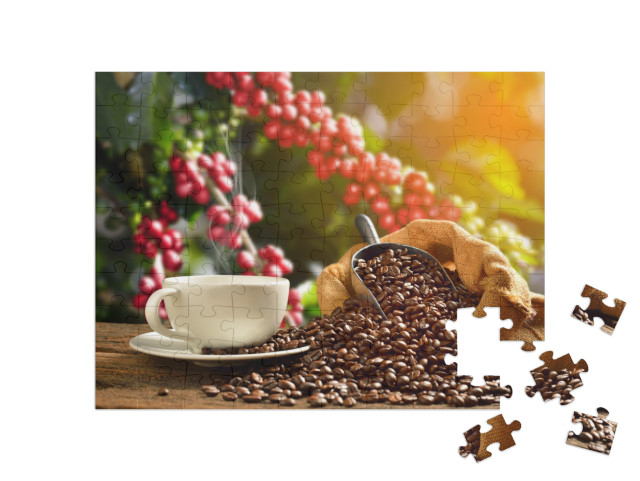 Cup of Coffee with Smoke & Coffee Beans in Burlap Sack on... Jigsaw Puzzle with 100 pieces