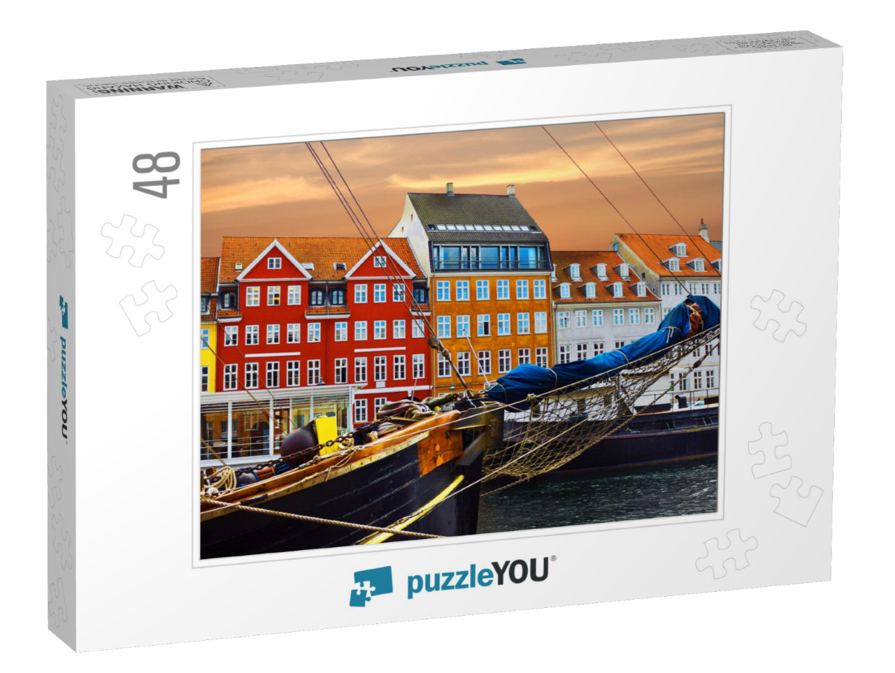 Copenhagen, Denmark. Yacht & Color Houses in Seafront Nyh... Jigsaw Puzzle with 48 pieces