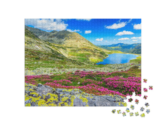 Glacier Lake, High Mountains & Stunning Pink Rhododendron... Jigsaw Puzzle with 1000 pieces