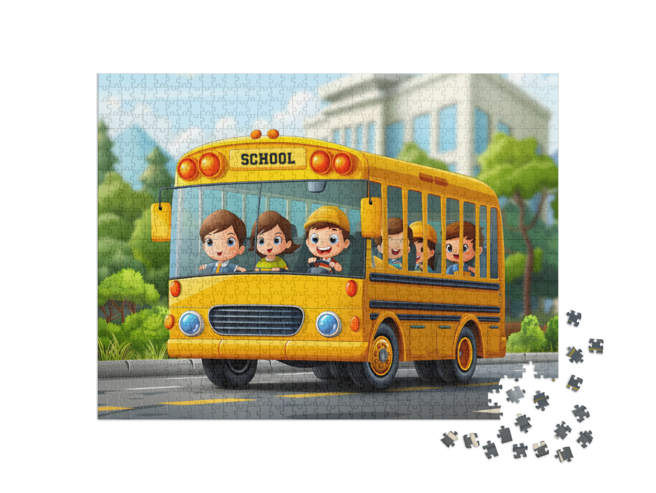 Happy Smiling Kids on a Yellow School Bus Jigsaw Puzzle with 1000 pieces