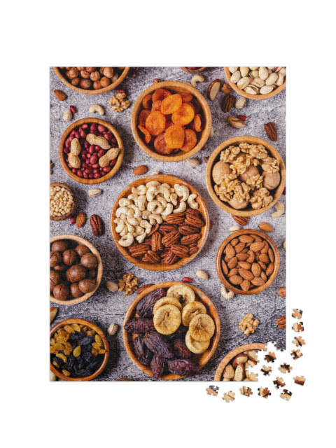 Various Nuts & Dried Fruits in Wooden Bowls, Top View... Jigsaw Puzzle with 1000 pieces