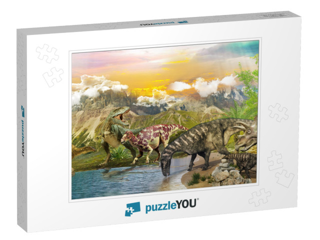 Dinosaurs in the Park by the Lake. 3D Image... Jigsaw Puzzle