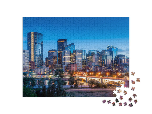 Calgary Skyline At Night with Bow River & Centre Street B... Jigsaw Puzzle with 1000 pieces