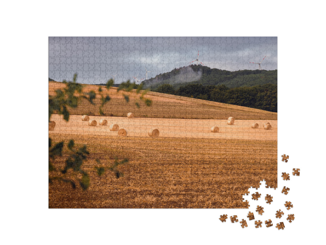 Landscape with Circular Straw Bales & Wind Turbines Under... Jigsaw Puzzle with 1000 pieces