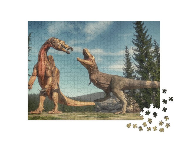 Fight Between Spinosaurus & T Rex on the Jurassic Valley... Jigsaw Puzzle with 1000 pieces