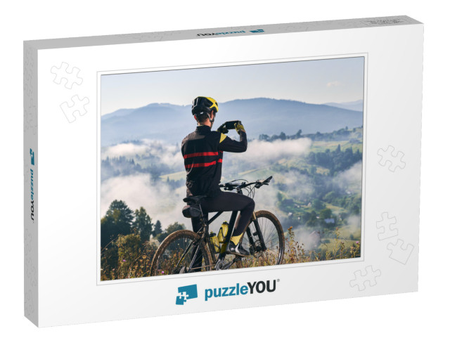 Back View of Man Sitting on Bicycle & Talking Mountain Ph... Jigsaw Puzzle