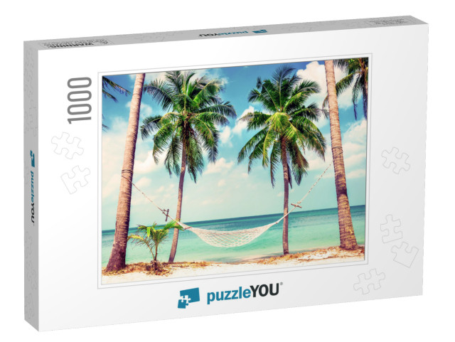 Beautiful Beach. Hammock Between Two Palm Trees on the Be... Jigsaw Puzzle with 1000 pieces