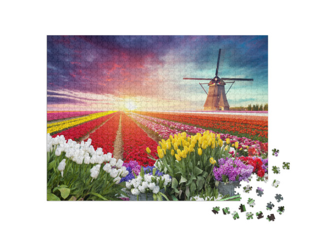 Landscape with Tulips, Traditional Dutch Windmills & Hous... Jigsaw Puzzle with 1000 pieces