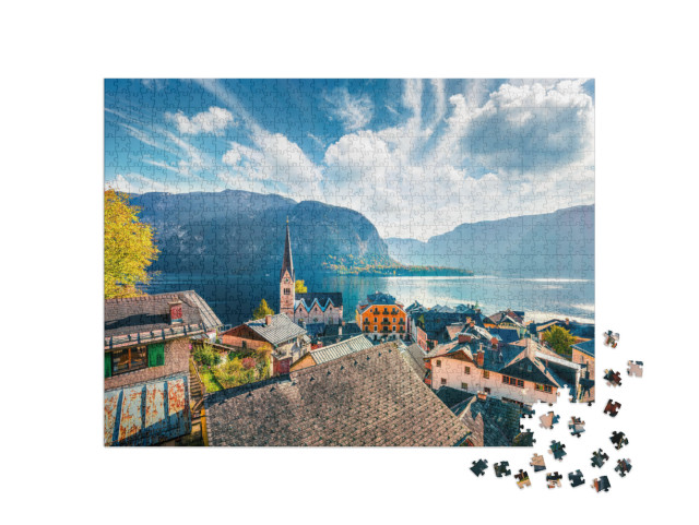 Sunny Autumn Cityscape of Hallstatt Town. Splendid Mornin... Jigsaw Puzzle with 1000 pieces