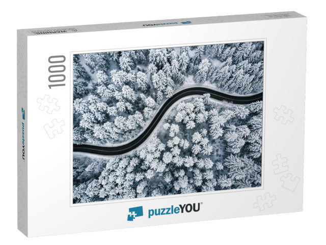 Curvy Windy Road in Snow Covered Forest, Top Down Aerial... Jigsaw Puzzle with 1000 pieces