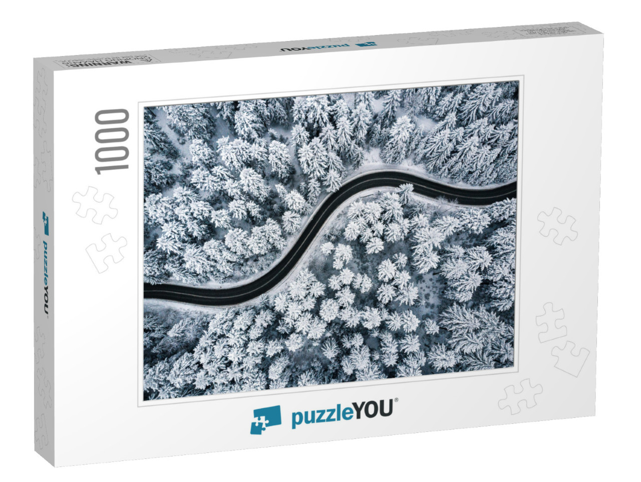 Curvy Windy Road in Snow Covered Forest, Top Down Aerial... Jigsaw Puzzle with 1000 pieces